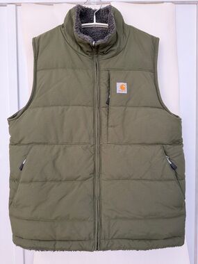 Carhartt Olive Puffer Vest with Sherpa Collar/ 2 sides